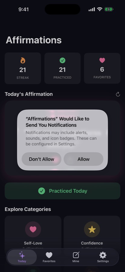 Affirmations -sovelluksen n&auml;kym&auml;: p&auml;iv&auml;n ajatus